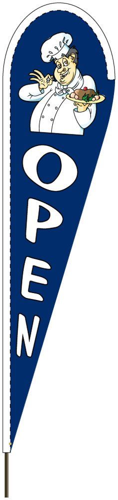 A blue and white open sign with a chef holding a pizza.