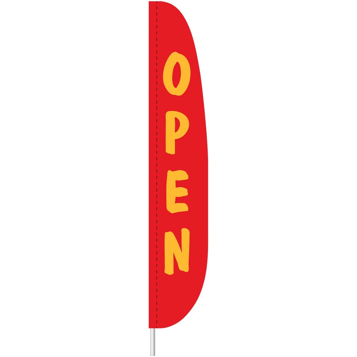 A red flag with yellow letters that says open