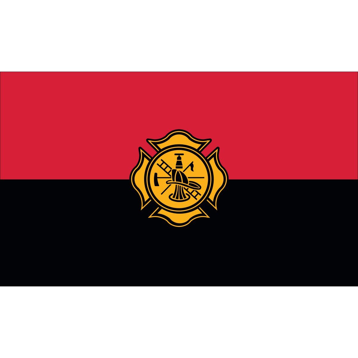 A red and black flag with a firefighter emblem on it