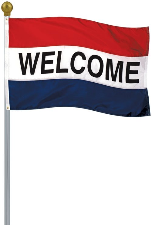 A red , white and blue flag with the word welcome on it.