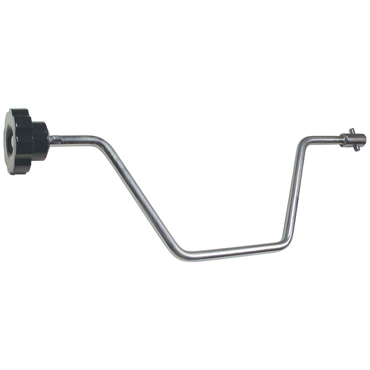 A stainless steel handle with a black knob on a white background.