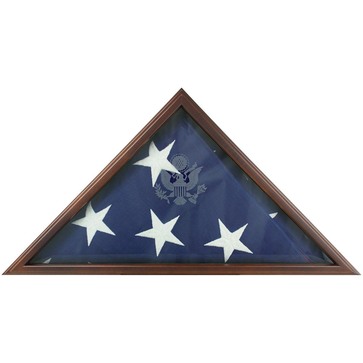 A blue flag with white stars in a wooden frame
