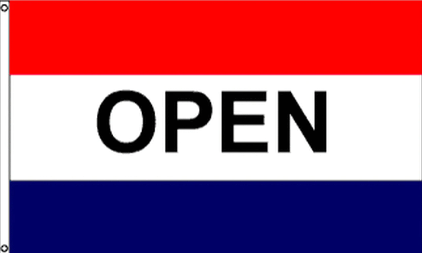 A red , white , and blue flag with the word open on it.