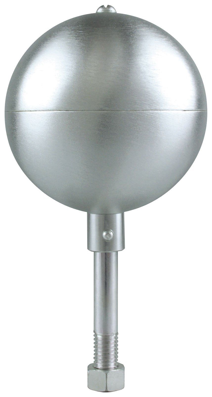 A metal ball with a metal pole attached to it on a white background.