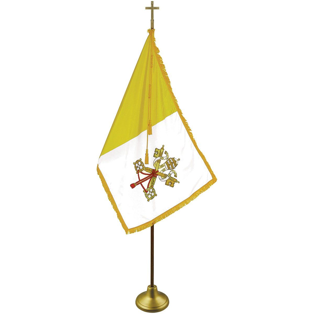 A yellow and white flag with a cross on a pole