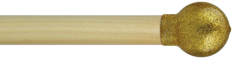 A close up of a brass ball on a wooden stick on a white background.