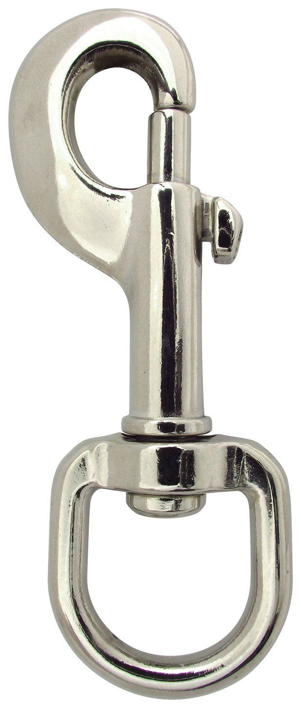 A close up of a metal hook on a white background.