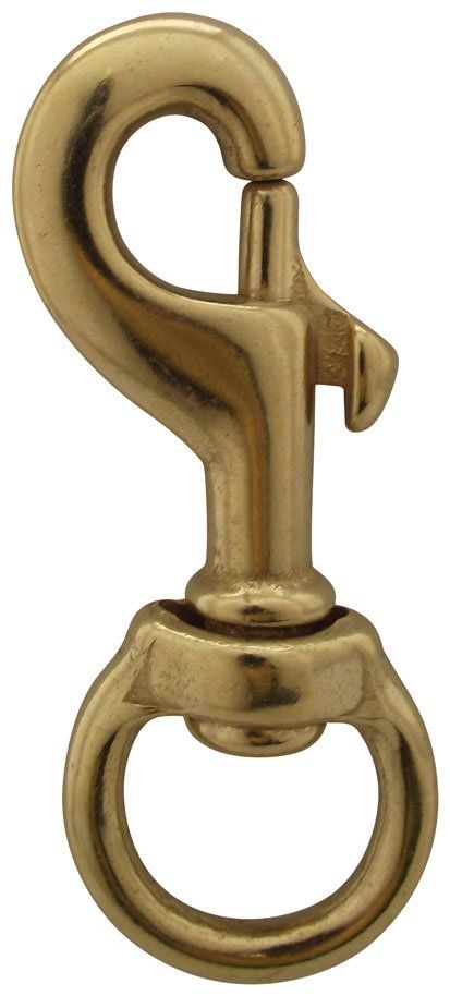 A close up of a brass hook on a white background.