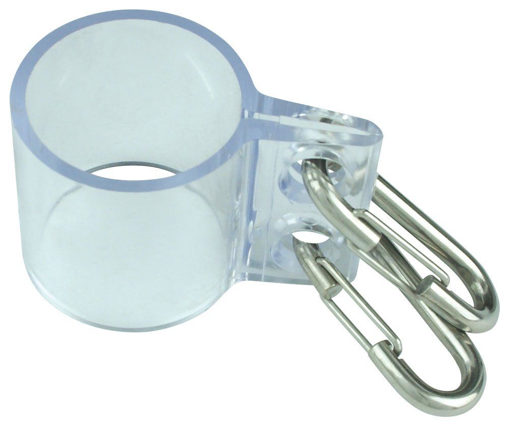 A clear plastic object with a carabiner attached to it