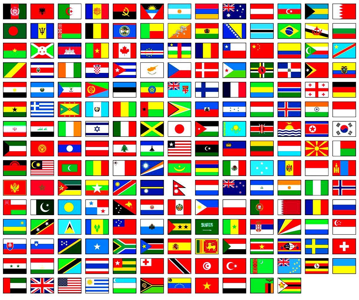 A large collection of flags from around the world on a white background.