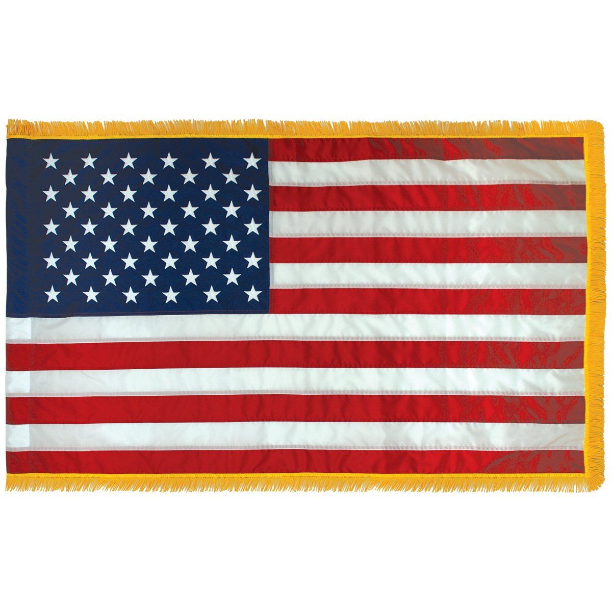 A red white and blue american flag with fringe