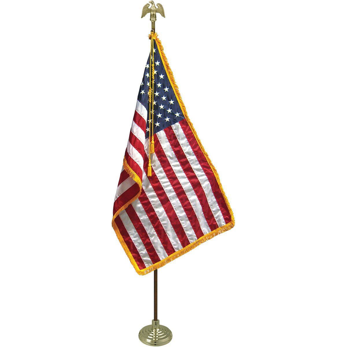 A small american flag on a pole with an eagle on top