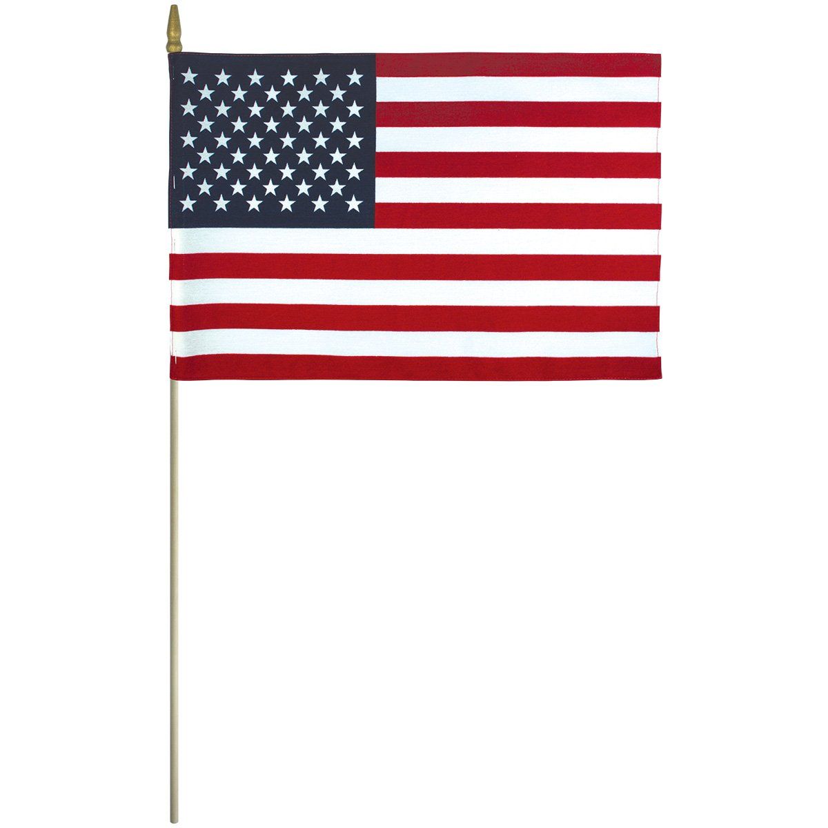 A small american flag on a stick on a white background.