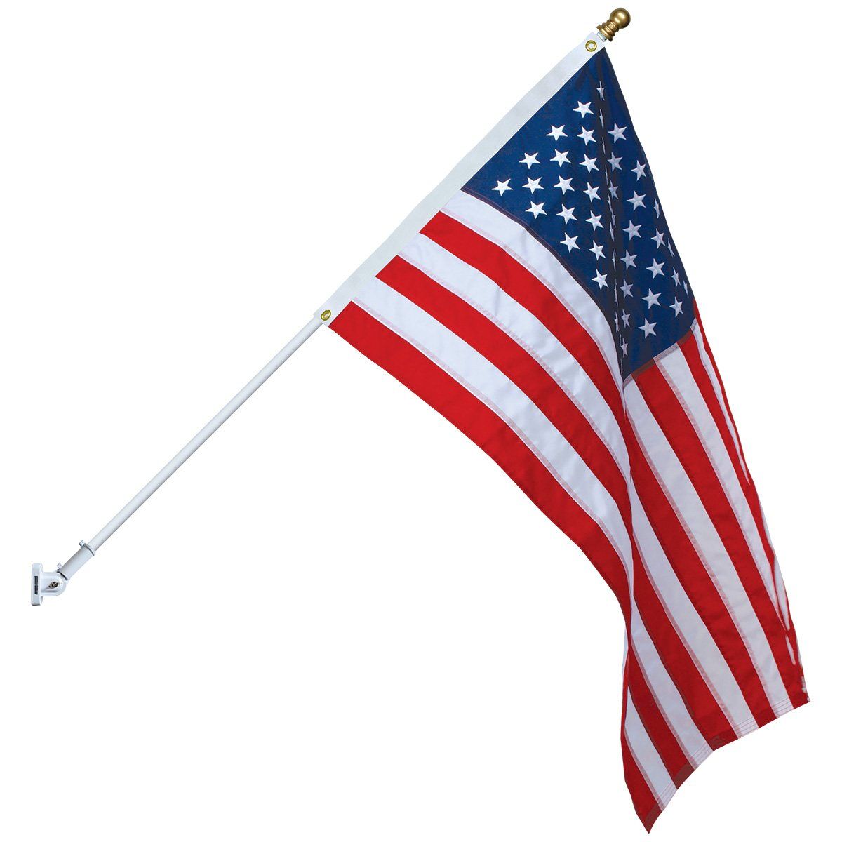 A red white and blue american flag on a white pole