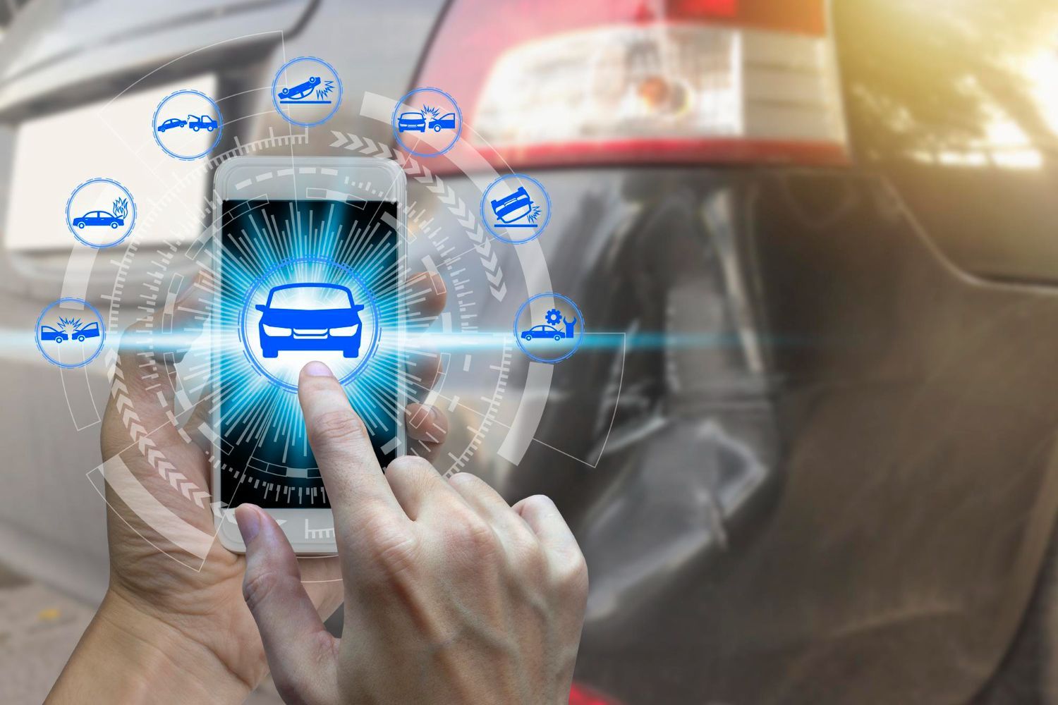Hands holding a smartphone displaying a digital car interface, superimposed over a damaged car bumper.