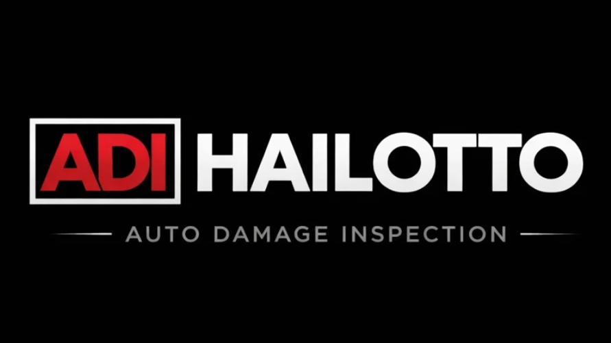 Logo for ADI Hailotto, an auto damage inspection company, on a black background. White text and logo outline, red 