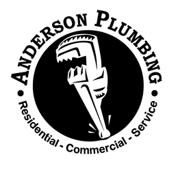 Logo for Anderson Plumbing featuring a wrench inside a black circle with the text "Residential - Commercial - Service."