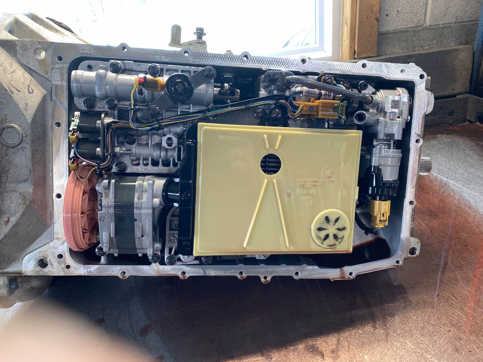 The inside of a car transmission is shown.