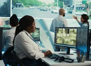 A woman is sitting at a desk in front of a computer monitor.