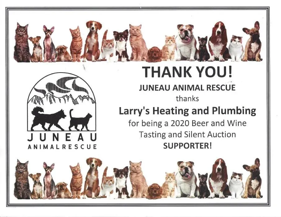 A thank you card for larry 's heating and plumbing for being a 2020 beer and wine tasting and silent auction supporter.
