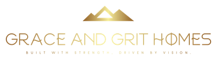 Logo for Grace and Grit Homes: gold mountains above gold text on black background.