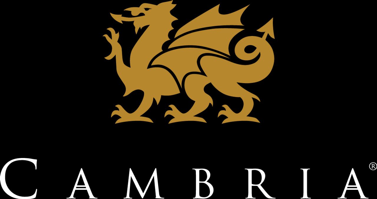Gold dragon logo above the word CAMBRIA in white on a black background.