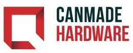 Logo for Canmade Hardware, red folded square next to text in dark blue and red.