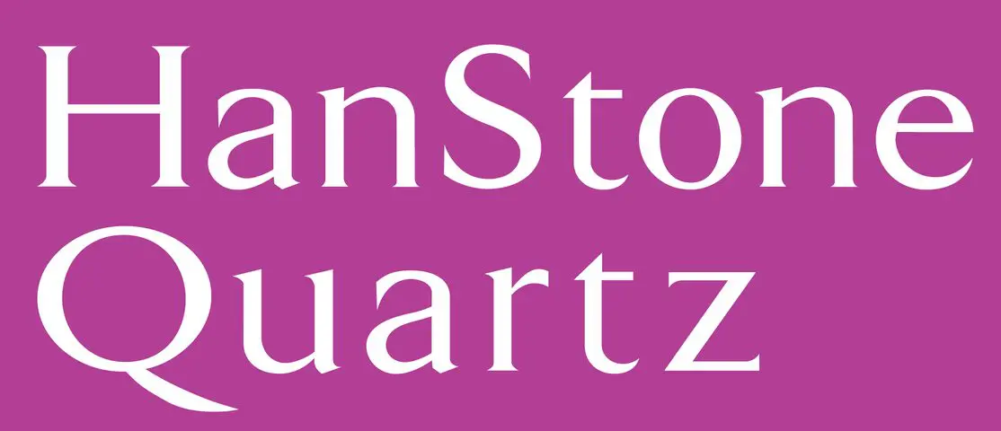 HanStone Quartz text logo in white on a pink background.