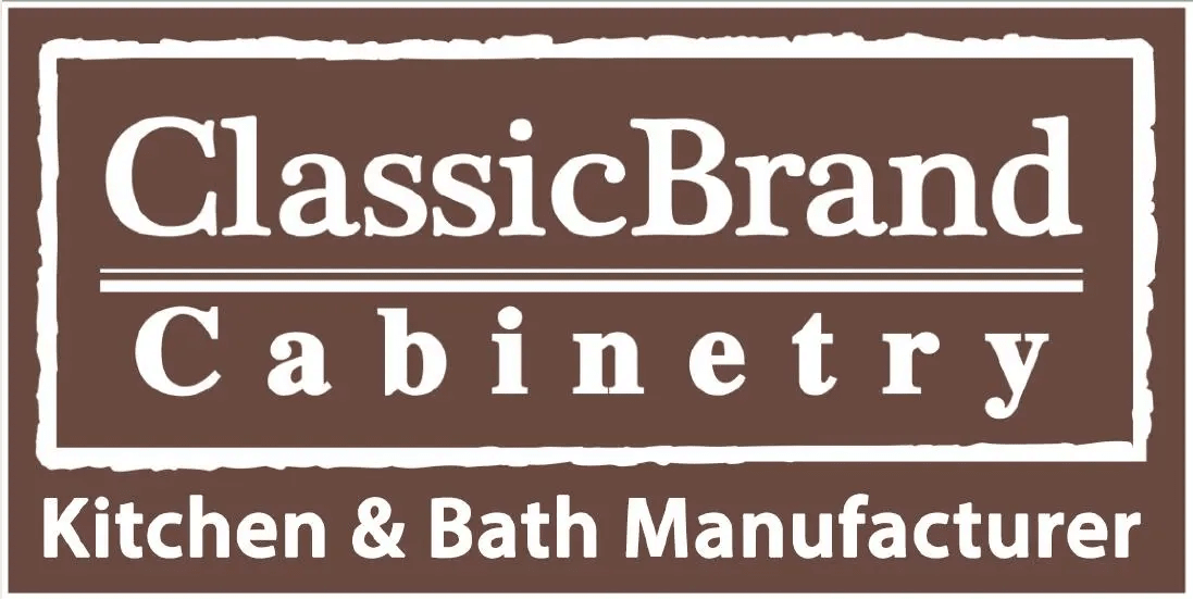 Logo for ClassicBrand Cabinetry, a kitchen and bath manufacturer, in white text on a brown background.