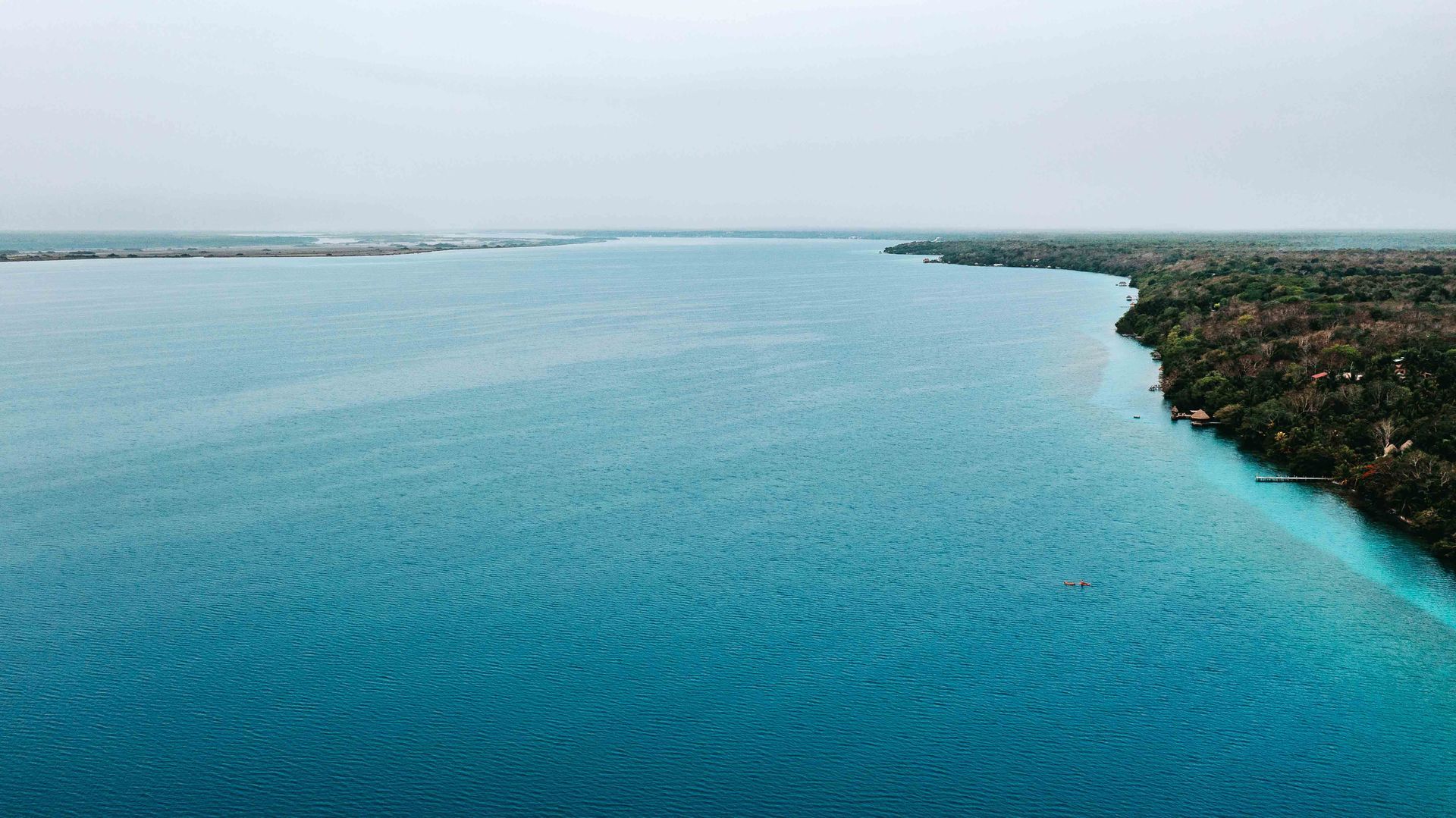 Una vista aérea de un gran cuerpo de agua rodeado de árboles.