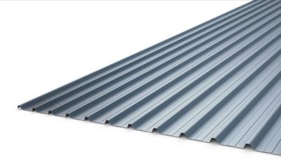 A piece of corrugated metal roofing on a white background.