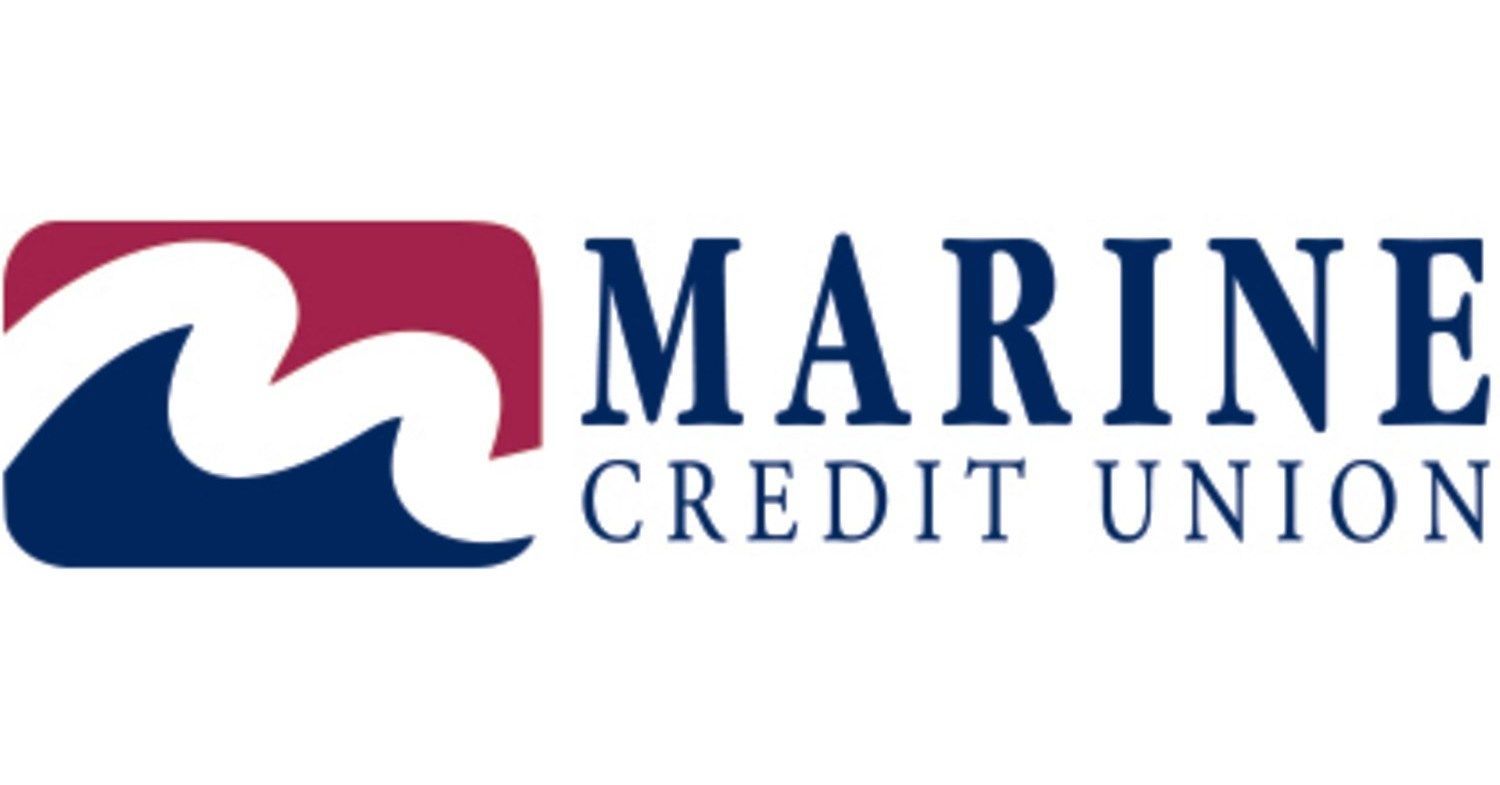 Marine Credit Union logo: wave graphic in red and blue, text 