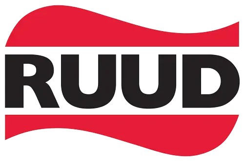 RUUD logo in black text on a red wave-shaped background.