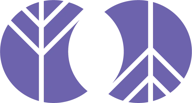 Purple door and large window with white curtains on a brown building.