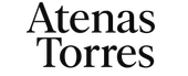 Un logotipo en blanco y negro para Atenas Torres sobre un fondo blanco.