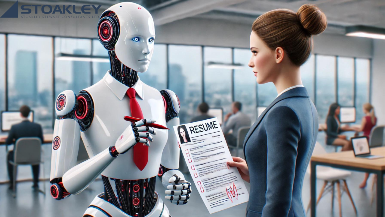 A woman is standing next to a robot holding a resume.