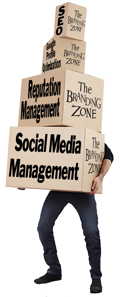 A man is carrying a stack of boxes that say social media management