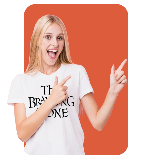 A woman wearing a t-shirt that says thinking one is pointing at something