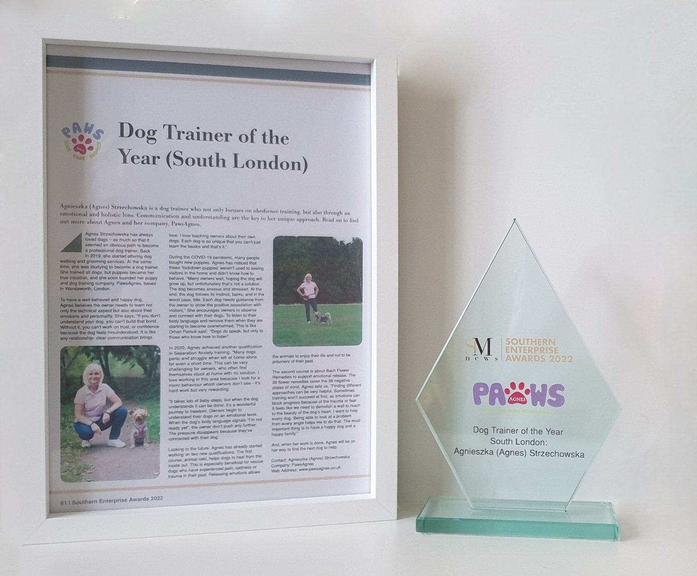 A framed article and the glass diamond-shaped trophy for the Dog Trainer of the Year South London award.