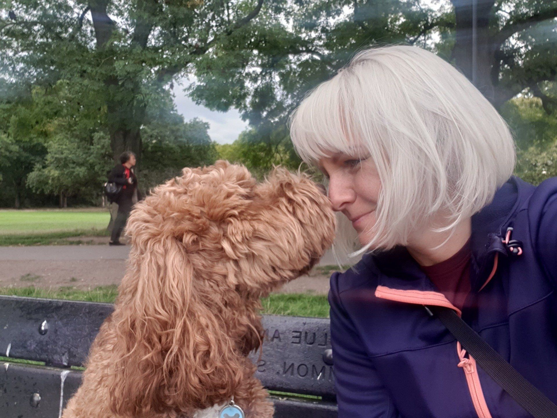 A middle-aged woman looking into the eyes of her middle-sized, fluffy dog.