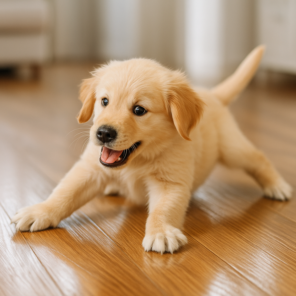 puppy sliding on the floor 