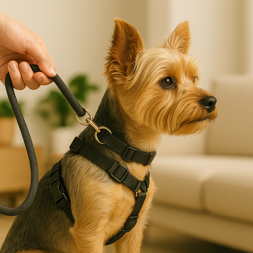 Dog with collar and harness on
