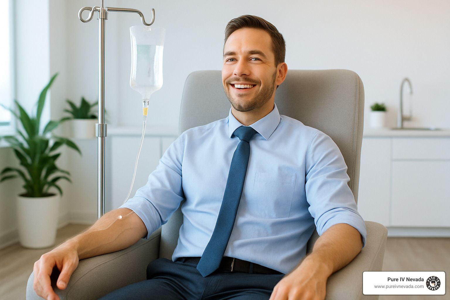 Energized professional receiving IV therapy, highlighting hydration, fatigue relief, and micronutrie