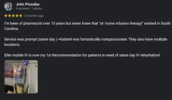 A review of a pharmacy with a picture of a bottle of water.