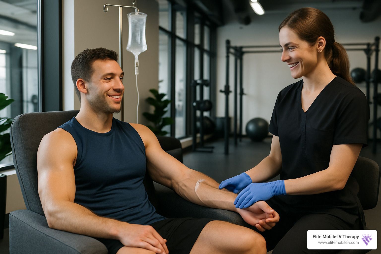 athlete receiving iv therapy after workout - Post-workout IV recovery