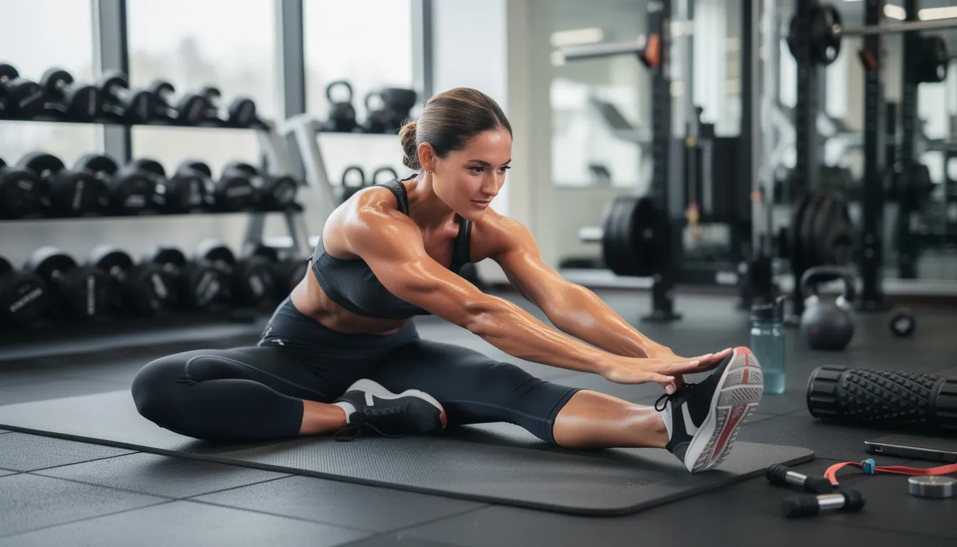 The image shows an athlete stretching after a workout, with various fitness equipment like weights and mats visible in the background. This scene emphasizes the importance of recovery and overall wellness, which can be enhanced through treatments like mobile IV therapy for hydration and muscle recovery.