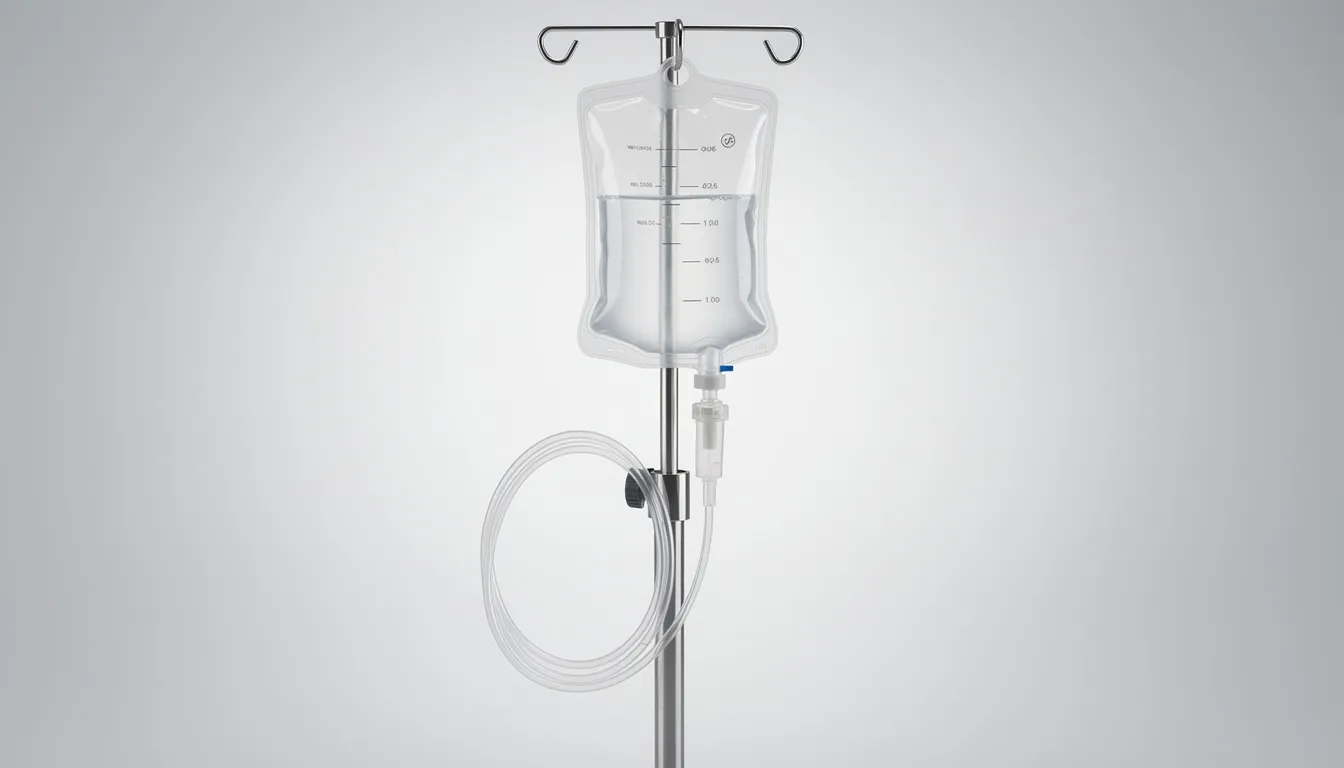The image features a medical IV bag with clear tubing, set against a neutral background, symbolizing IV therapy that delivers essential fluids and nutrients directly into the bloodstream for rapid hydration and efficient treatment of conditions like severe dehydration. This visual highlights the importance of IV hydration methods in maintaining optimal hydration levels and supporting overall health.