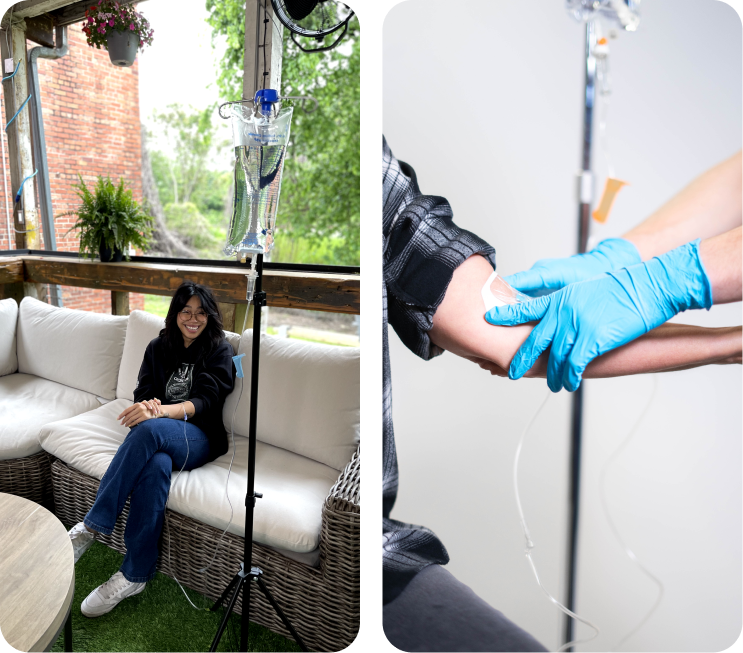 A woman is sitting on a couch next to a person with an iv in their arm.