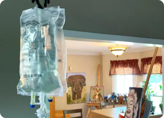 A bag of liquid is hanging from the ceiling in a living room