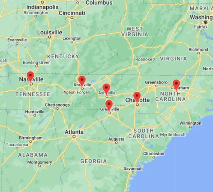 A map of the united states showing the location of tennessee , alabama , georgia , and north carolina.